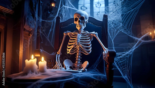 Obraz skeleton in chair surrounded by cobwebs for halloween
