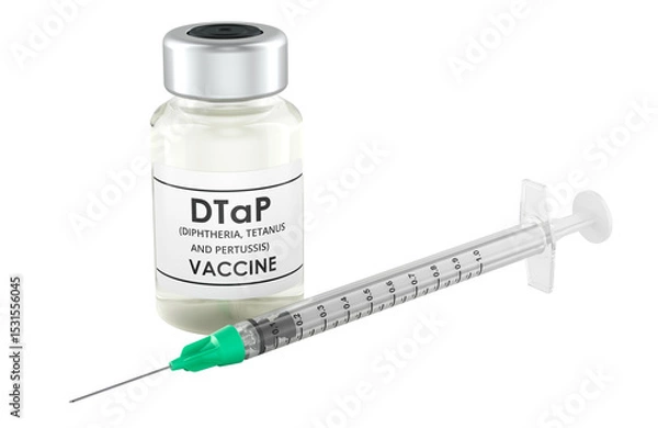 Obraz DTaP vaccine vial and syringe. Vaccine from diphtheria, tetanus and pertussis. 3D rendering isolated on transparent background