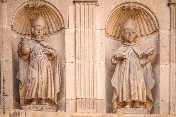 Obraz stone carvings located on the front of a church