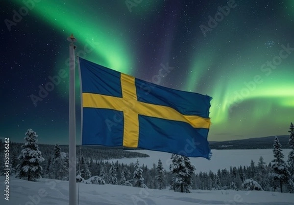 Fototapeta Waving Swedish Flag Symbolizing Nordic Cross Over the Serene Forests and Lakes of Swedish Lapland
