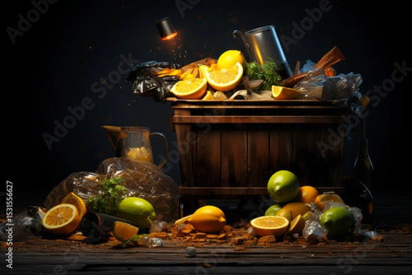 Fototapeta Trash cans and pile of garbage with whole foods like fruit, vegetable, fried chicken, and steak