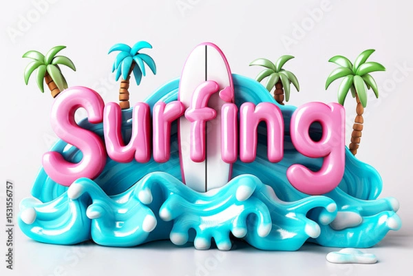 Fototapeta Text Surfing with surfboards, waves, palm trees on turquoise background in vibrant flat design