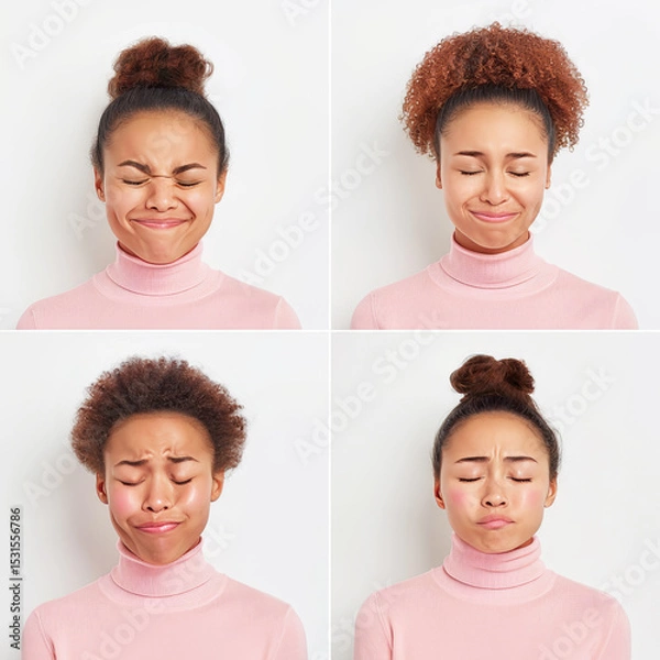 Fototapeta Emotive portrait of woman:  joyful laughter, intense crying, intrigued look, dreamy gaze in sectors