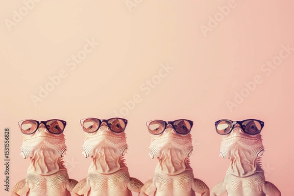 Fototapeta Iguana reptile friends group in sunglass on solid vibrant backdrop for advertising campaigns