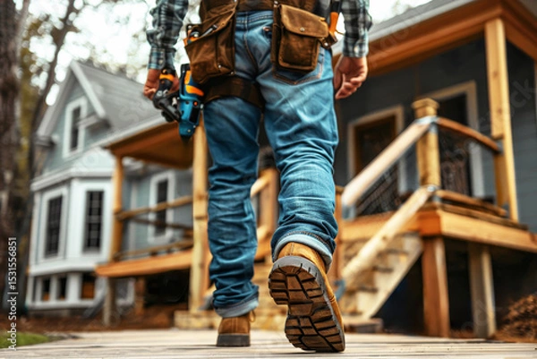 Fototapeta Skilled handyman carrying tools and equipment walking towards front door for household repairs