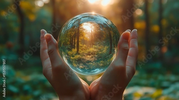Obraz Hands holding crystal sphere with forest and light inside on soft glowing background. Concept of nature protection