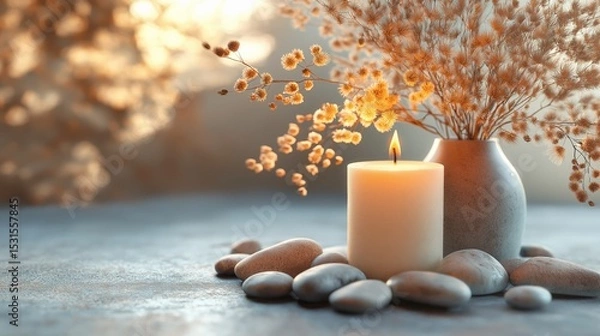 Obraz Candle with small white stones and dry flowers on soft blurred background. Spa and tranquility concept