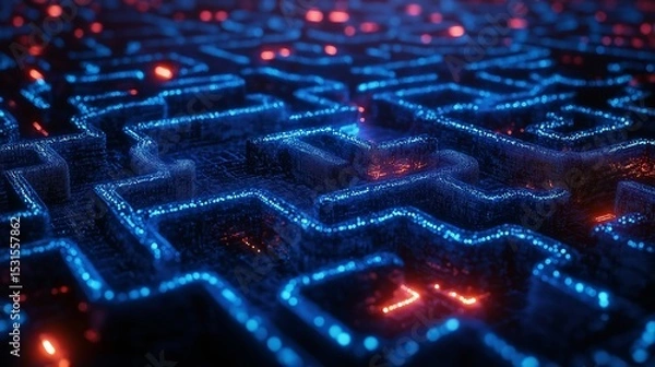 Obraz Futuristic neon labyrinth with glowing blue and red paths, top view. Concept of cyberpunk technology