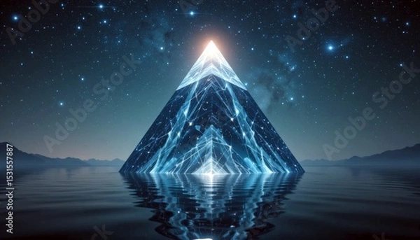 Obraz Glowing glass pyramid reflecting in water with starry night sky above. Concept of mystical futuristic energy