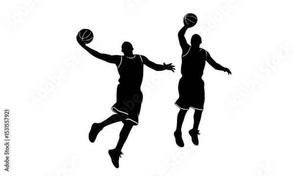 Fototapeta Silhouettes of Basketball Players in Action Showcasing Dynamic Dunking Movements and Athletic Skills on the Court