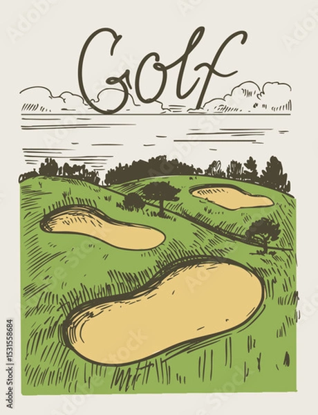 Fototapeta Golf course, vector realistic hand drawn sketch, monochrome illustration