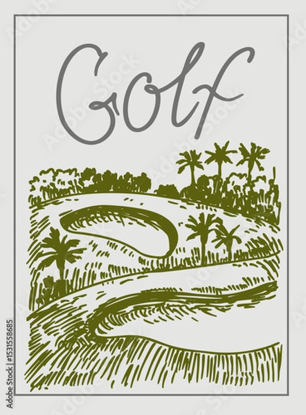 Fototapeta Golf course, vector realistic hand drawn sketch, monochrome illustration