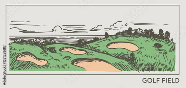 Fototapeta Golf course, vector realistic hand drawn sketch, monochrome illustration