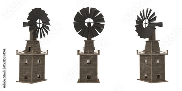 Fototapeta Old wooden wind mill water pump tower. Set of 3 views 3D render.