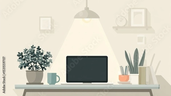Fototapeta Work From Home Setup Essentials Infographic Including Laptop, Light, and Plant for a Productive Workspace Environment