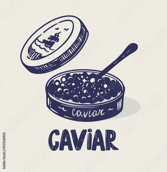 Fototapeta Black sturgeon caviar, beluga, realistic hand drawn sketch, vector monochrome illustration