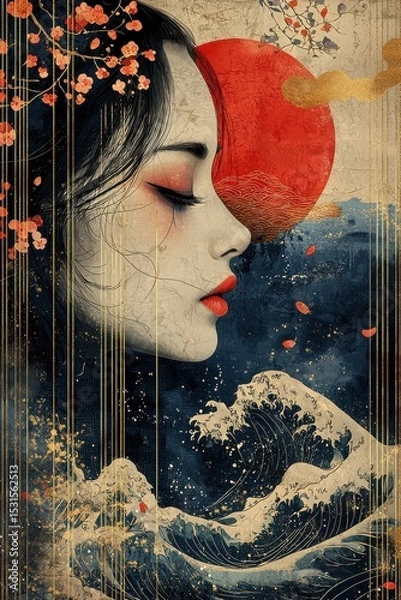 Fototapeta Elegant art featuring a woman with ocean waves and red accent details