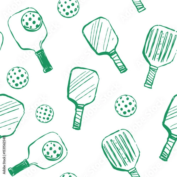Fototapeta Pickleball, seamless pattern, vector doodle hand drawn sketch, monochrome illustration