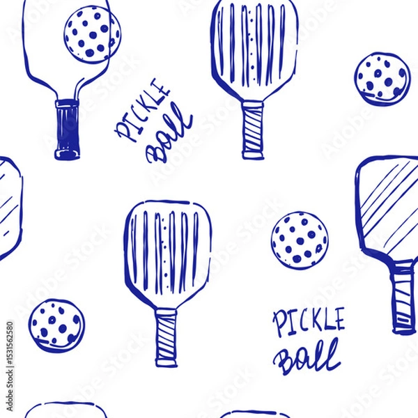Fototapeta Pickleball, seamless pattern, vector doodle hand drawn sketch, monochrome illustration