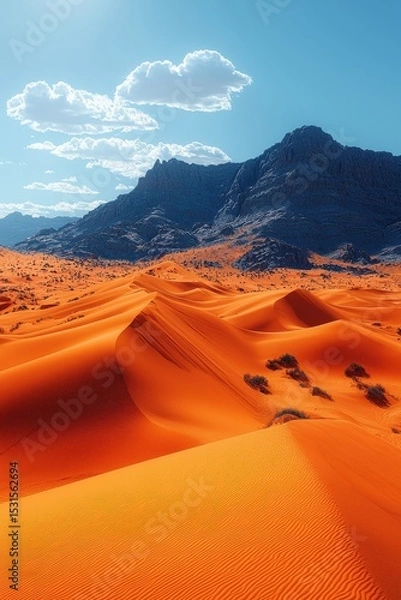 Fototapeta Majestic desert dunes under blue skies with rugged mountains in the background