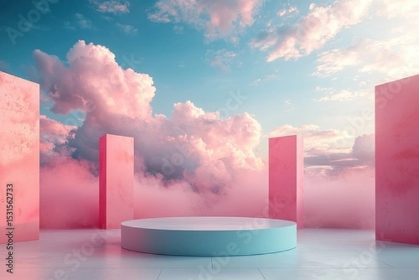 Fototapeta Pink and blue podium with clouds in a dreamlike abstract scene