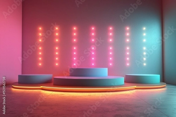 Fototapeta Circular podium with vibrant neon background for product display presentation