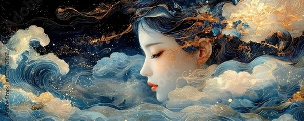 Fototapeta Dreamlike depiction of a serene woman surrounded by cosmic waves and details