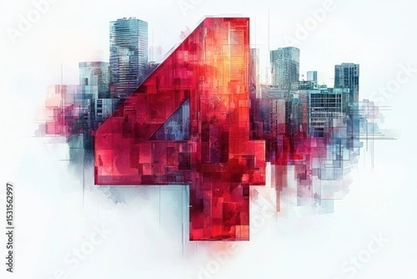 Fototapeta Abstract red number four with a modern urban background design