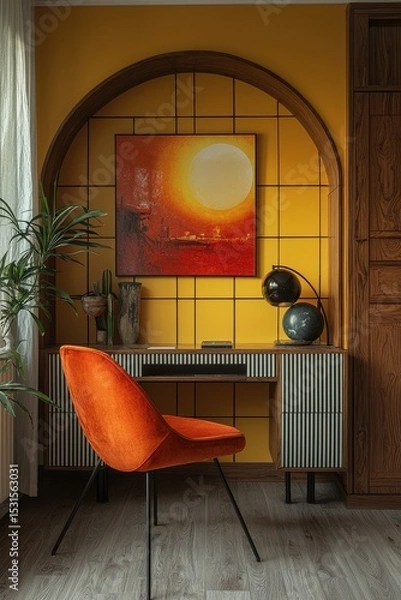 Fototapeta Modern workspace with vibrant orange chair and stylish decorative touches