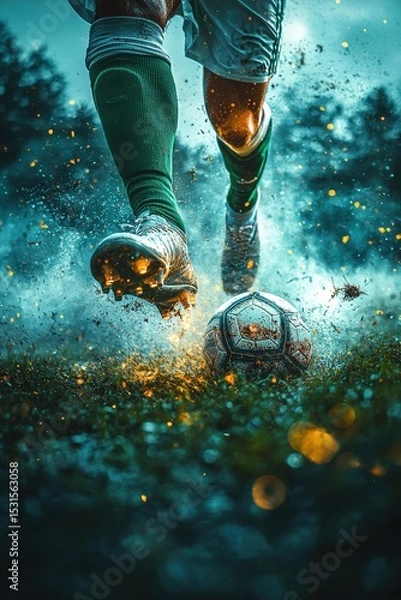 Fototapeta Dynamic soccer play with player and ball in action on wet field