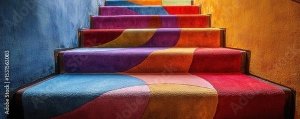 Fototapeta Colorful carpeted stairway with vibrant patterns and textured walls