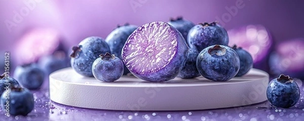 Fototapeta Fresh blueberries on a white surface with a vibrant purple background