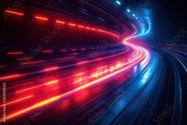 Fototapeta Abstract neon light trails in a curved futuristic tunnel