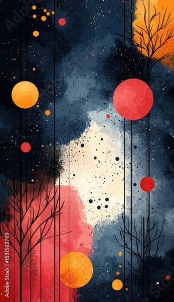 Fototapeta Abstract composition with vibrant circles and organic tree silhouettes