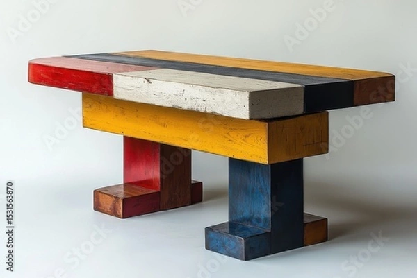 Fototapeta Colorful geometric wooden table with bold design elements and modern style