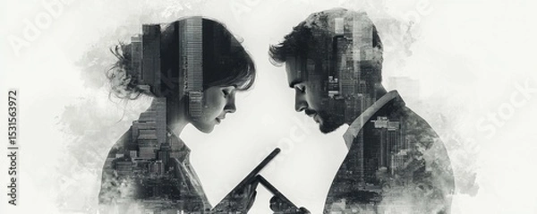 Fototapeta Double exposure of business individuals interacting with urban cityscape in grayscale