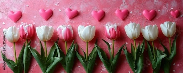 Fototapeta Pink background with white tulips and heart-shaped decorations for romantic themes