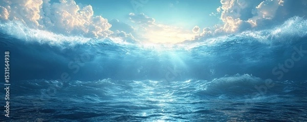 Fototapeta Ocean view with dynamic waves and glowing sunlight through the clouds