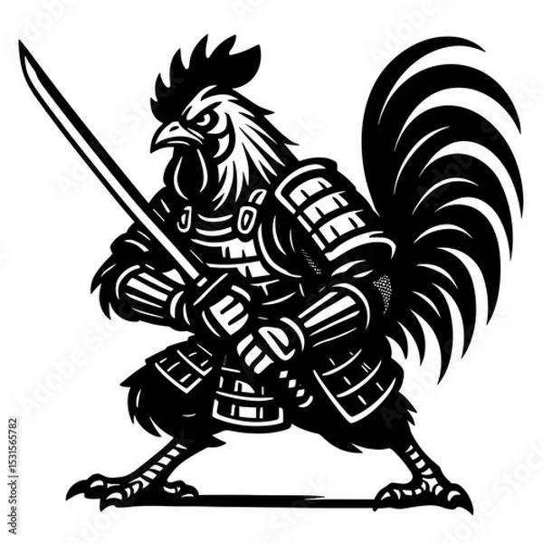 Fototapeta A rooster in samurai armor stands poised with a katana, ready for battle. a symbol of strength. capturing the essence of samurai spirit and bravery. vector illustration