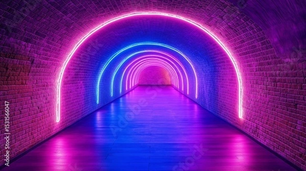 Obraz Glowing neon tunnel with rainbow lights reflecting on glossy floor in futuristic hallway. Concept of retro cyber aesthetics