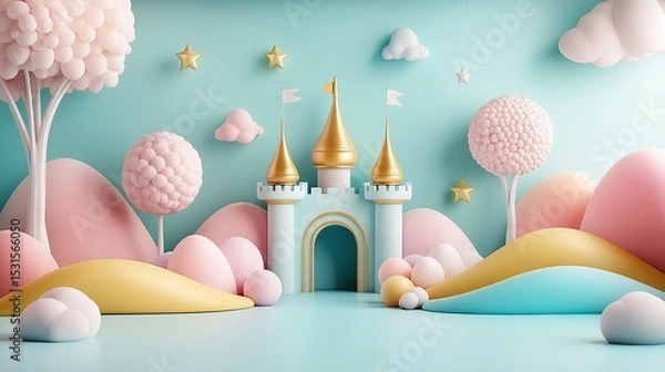 Obraz Fantasy pink and blue castle with golden towers surrounded by candy-like trees on pastel background. Concept for children’s fairy tale world