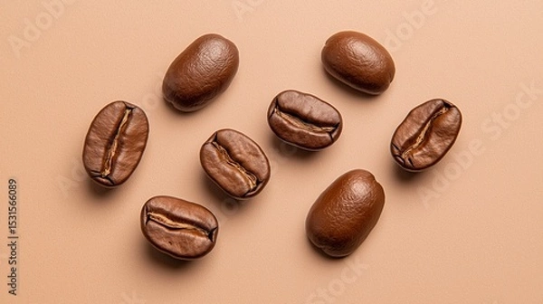 Obraz Scattered roasted coffee beans on light beige background in minimal layout. Concept for coffee branding and aroma