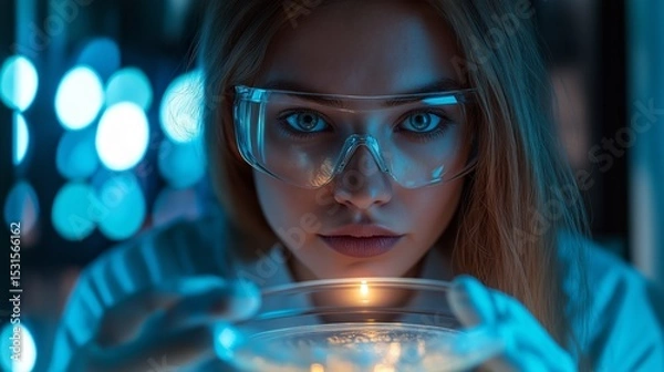 Obraz Serious woman with blonde hair and safety goggles performing a science experiment with glowing liquid in lab. Concept of advanced chemistry