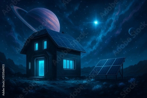 Fototapeta Futuristic Off-Grid Home on an Alien Planet with Solar Power (AI Generated)