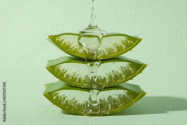 Fototapeta Fresh aloe vera slices stacked with dripping clear gel on a soft green background.