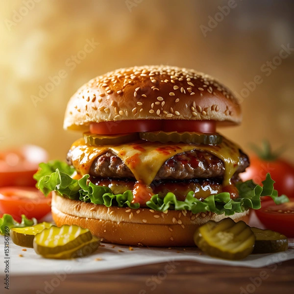 Fototapeta A juicy cheeseburger, layered with melted cheese, savory sauces, and fresh lettuce, crowns a crispy sesame seed bun.	