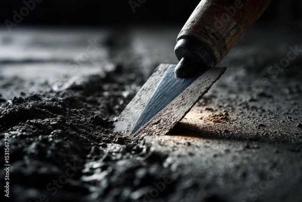 Fototapeta A Wooden Handled Trowel Smoothing Dark Cement Surface with Glistening Granular Texture