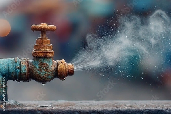 Fototapeta Leaking outdoor faucet with rust and mineral buildup releasing spray