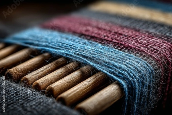 Fototapeta Close-up of Woven Threads on Wooden Spindles Forming Colorful Textile