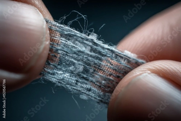 Fototapeta Close Up of Fingers Holding a Textile Sample to Inspect Fabric